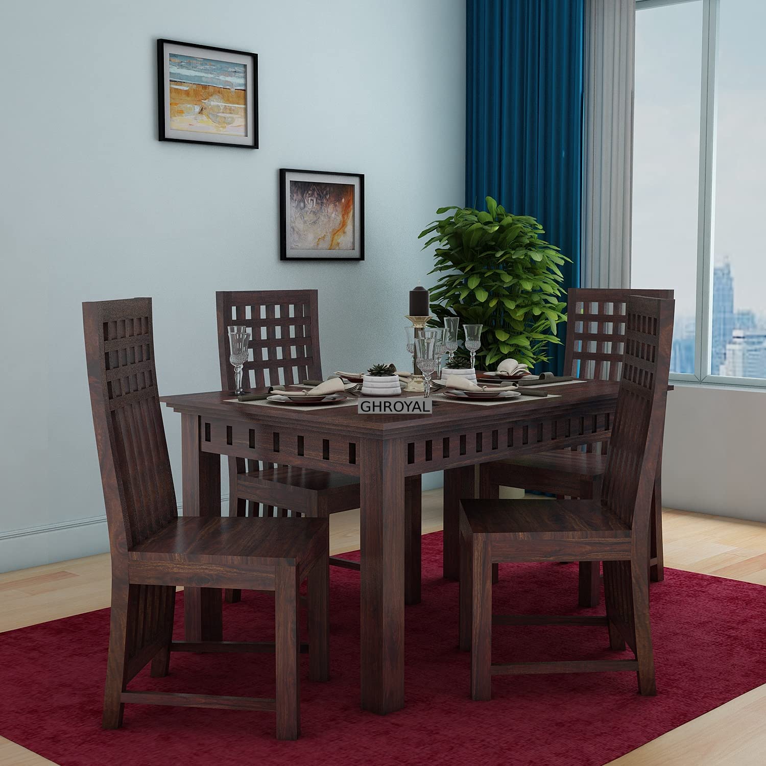 4 Seater Dining Table With Chairs | Walnut Finish