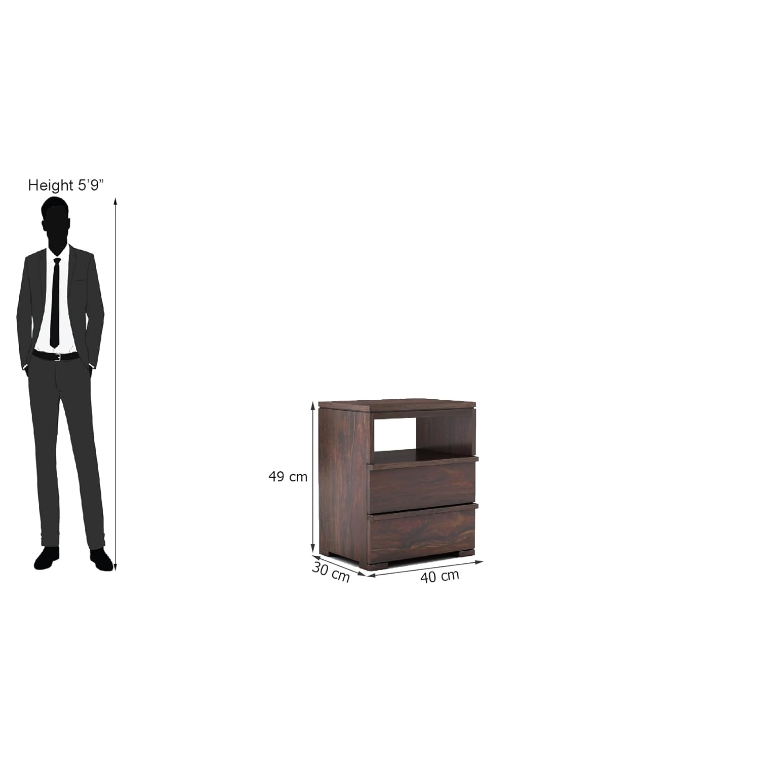 Bedside End Table With 2 Drawers And Open Shelf | Walnut Finish