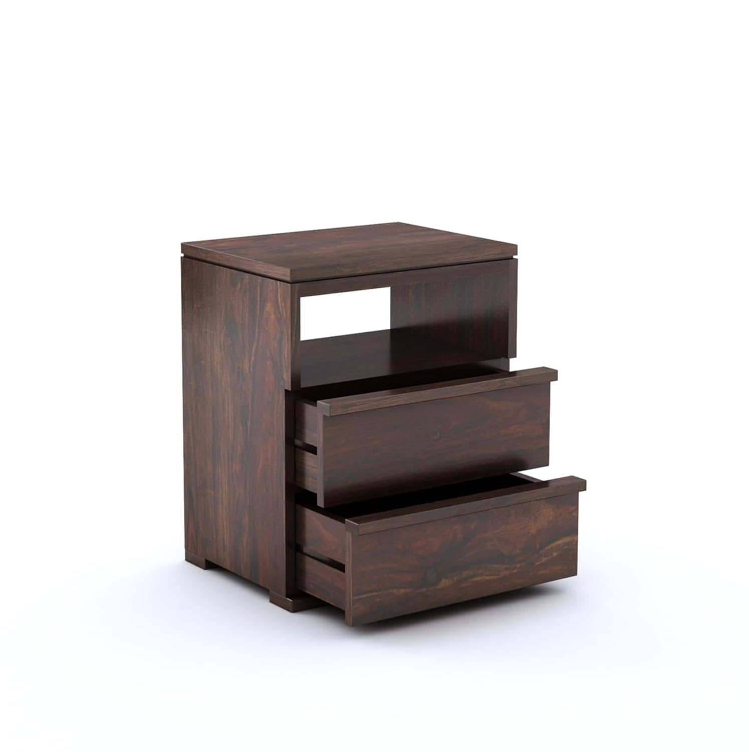 Bedside End Table With 2 Drawers And Open Shelf | Walnut Finish