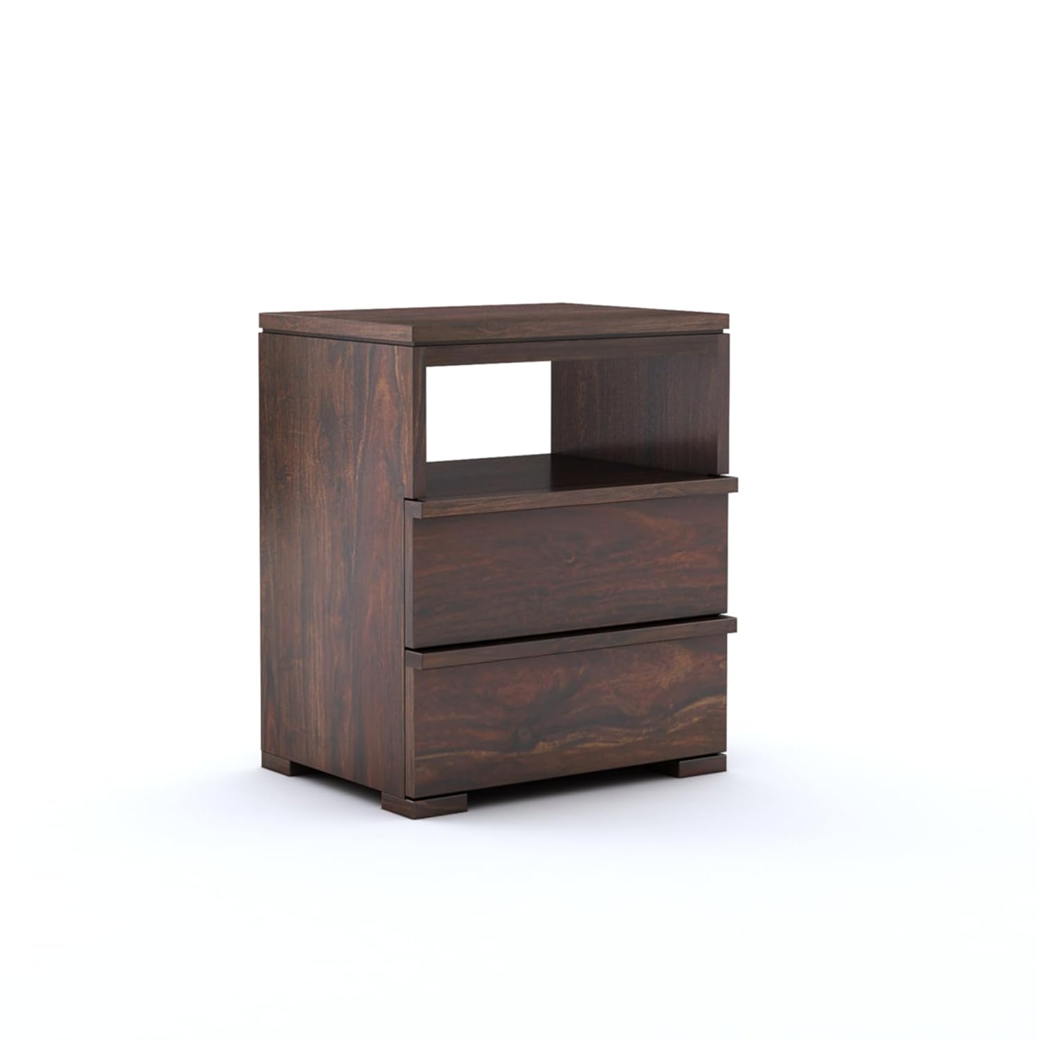 Bedside End Table With 2 Drawers And Open Shelf | Walnut Finish