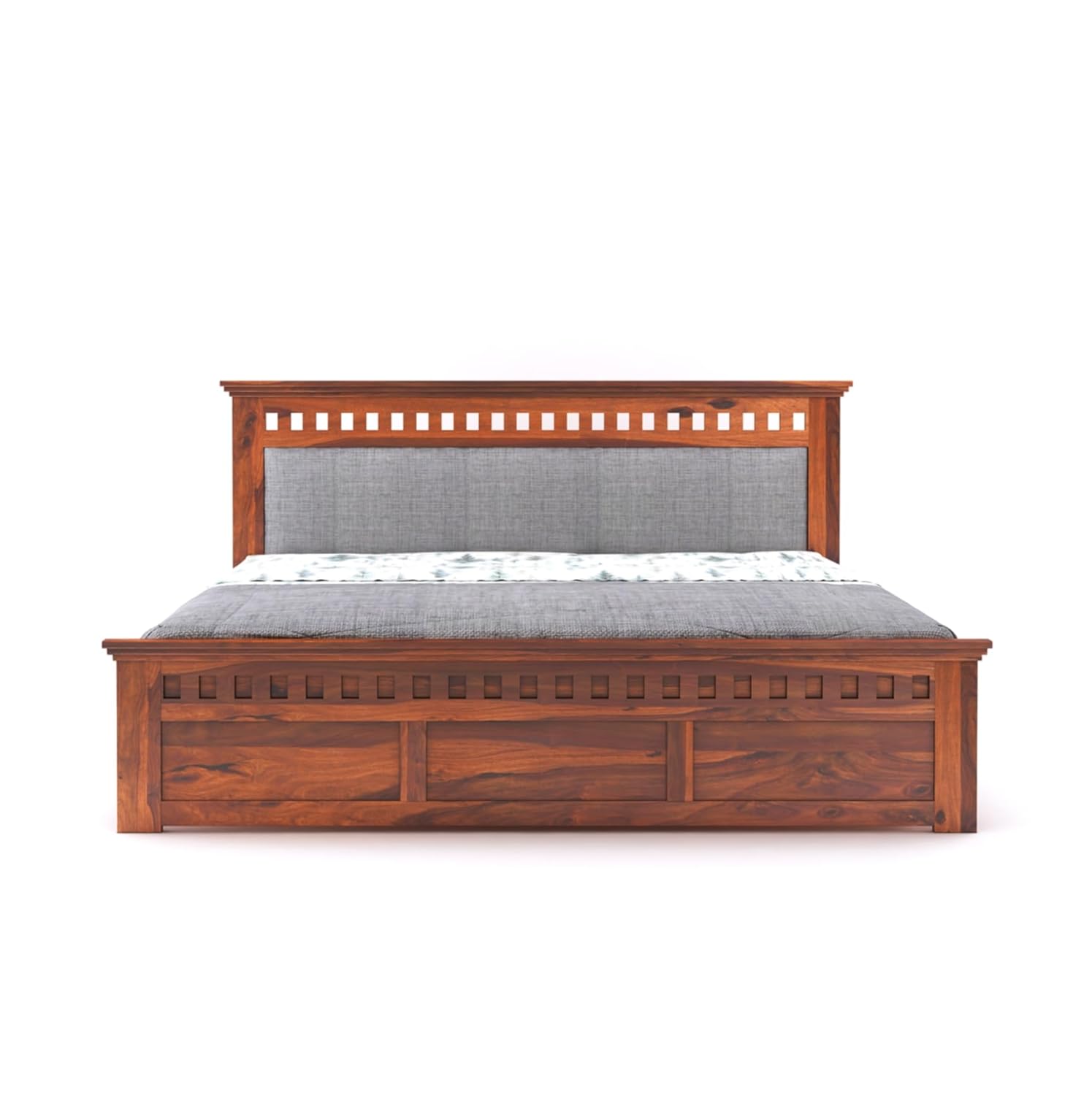 Sheesham Wood Kuber King Size Bed Without Storage Wooden Headboard Cushion Cot Double Bed Furniture for Bedroom Living Room Home