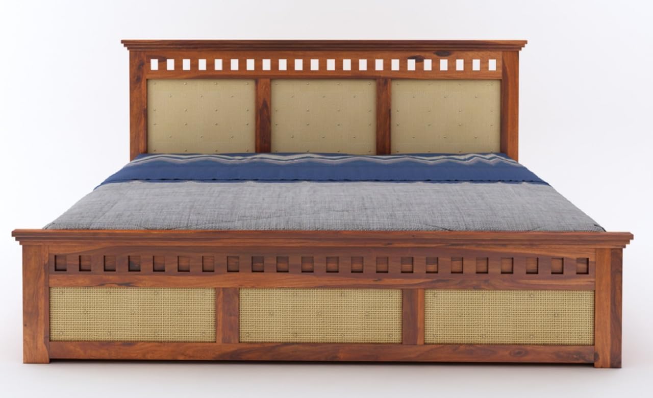 Wooden Bed Queen Size With Storage | Honey Finish