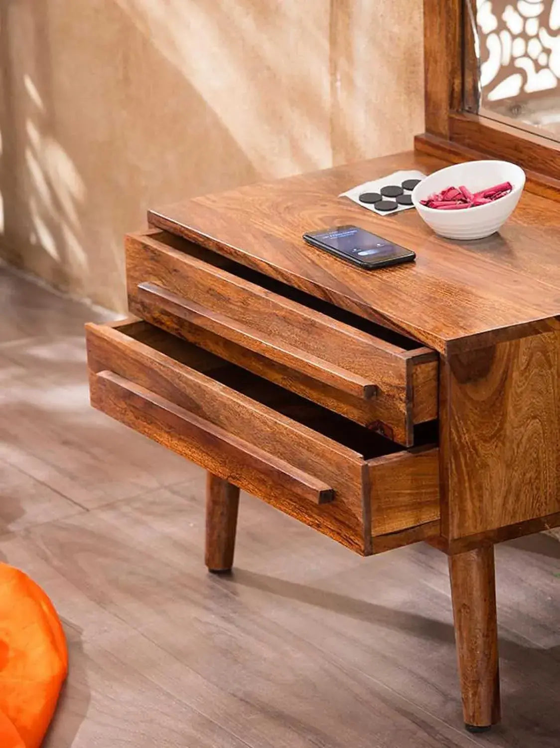 Wood Dressing Table with Mirror Wooden Makeup Vanity Table with 2 Drawer Storage Furniture for Bedroom Living Room Home