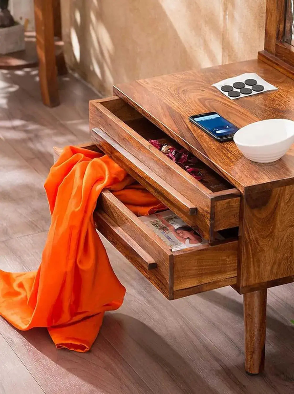 Wood Dressing Table with Mirror Wooden Makeup Vanity Table with 2 Drawer Storage Furniture for Bedroom Living Room Home