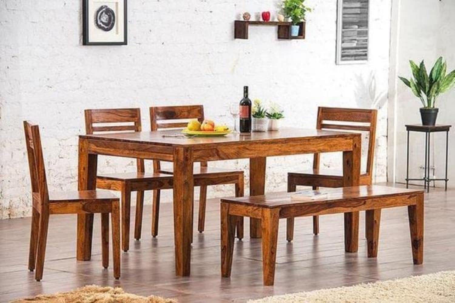 Sheesham Wood 6 Seater Dining Table with 4 Chairs and Bench Wooden Dinner Table Furniture Set for Living Room Hall Home & Office