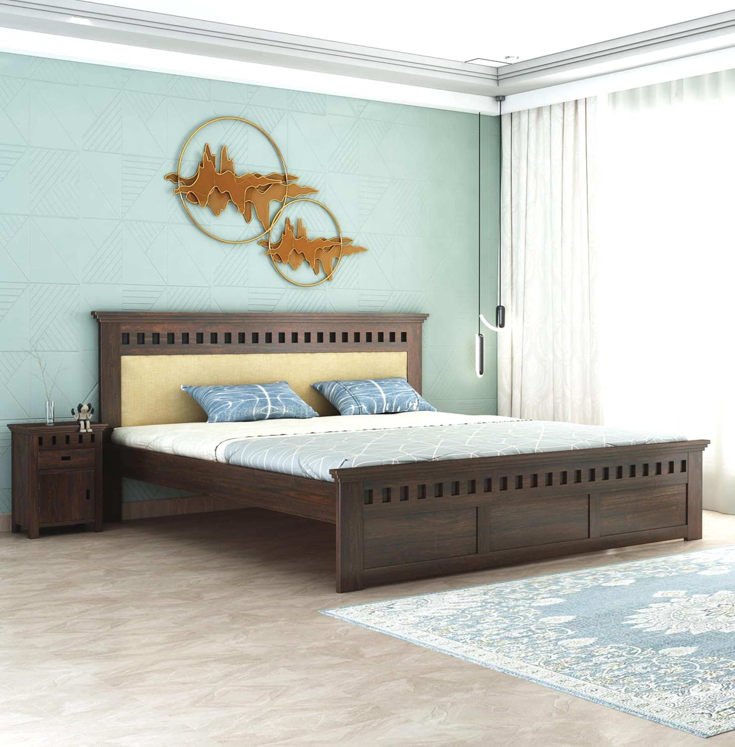 Sheesham Wood Kuber King Size Bed Without Storage Wooden Headboard Cushion Cot Double Bed Furniture for Bedroom Living Room Home