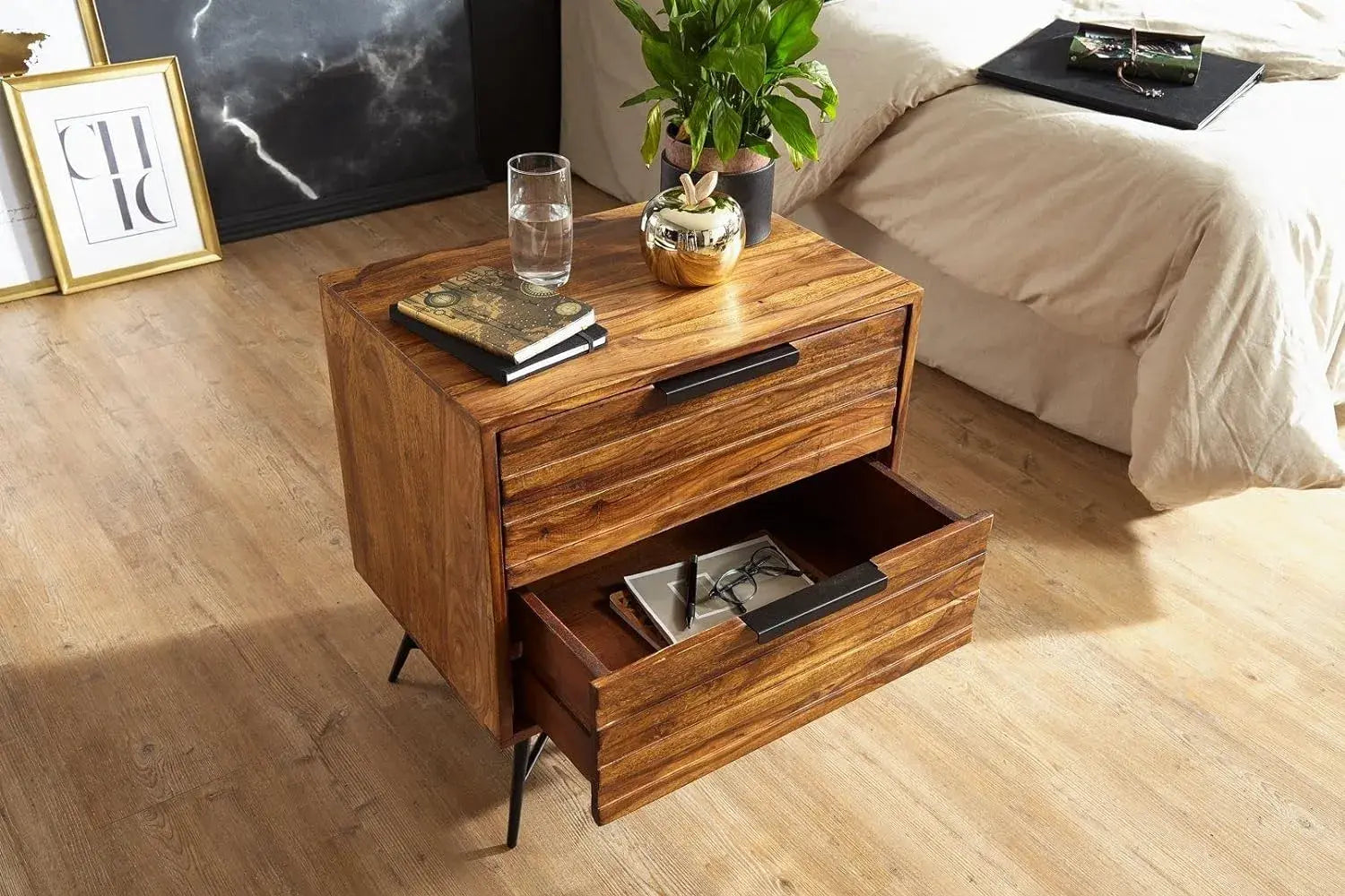 Bedside Table with 2 Drawer Storage | Honey Finish