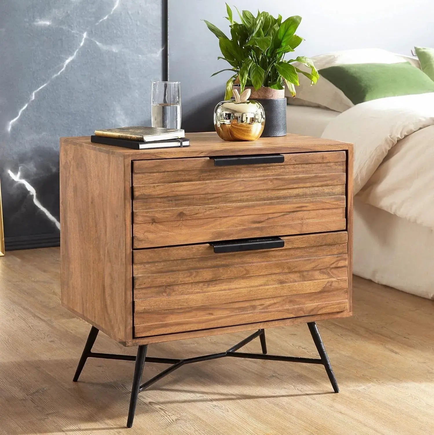 Bedside Table with 2 Drawer Storage | Honey Finish