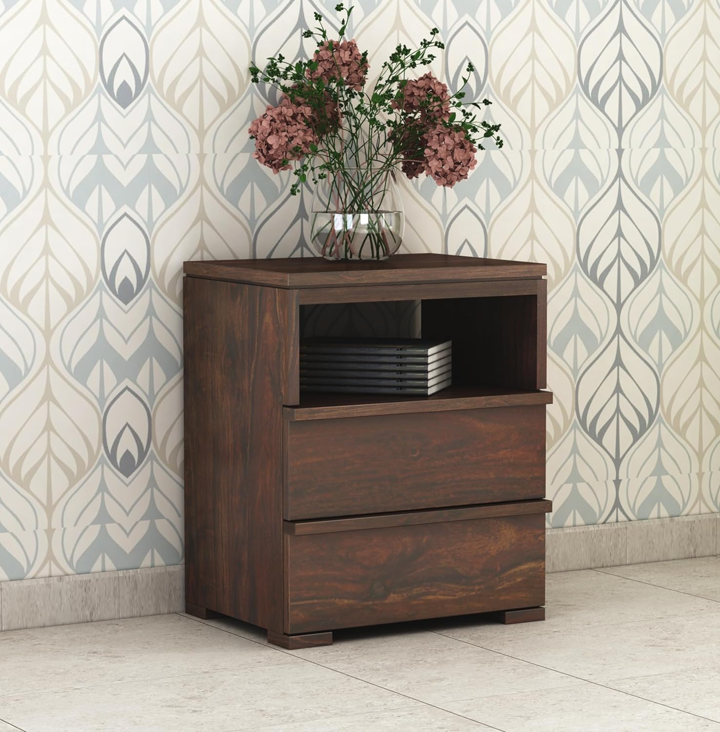Bedside End Table With 2 Drawers And Open Shelf | Walnut Finish