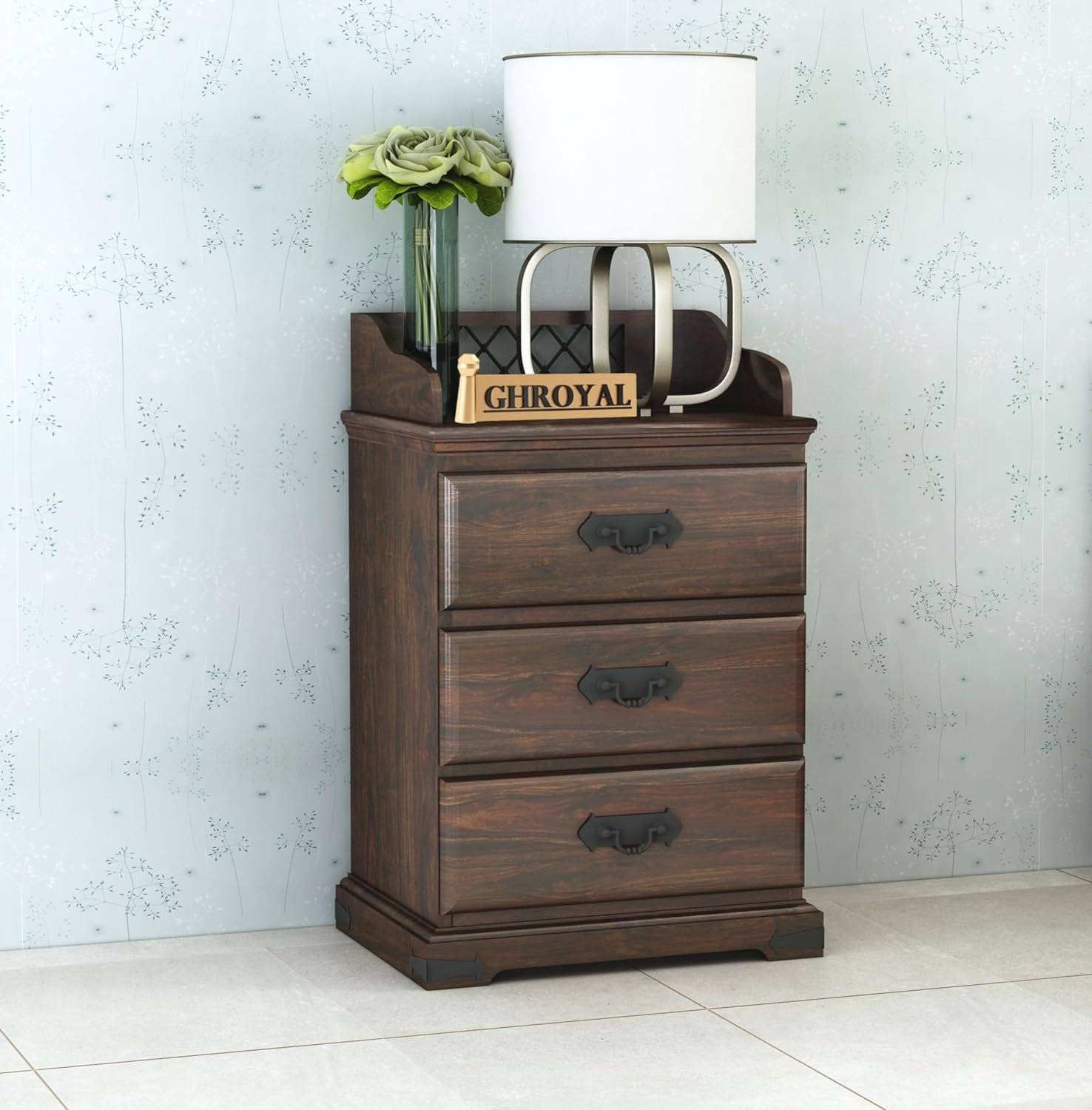 Bedside Table With 3 Drawer | Walnut Finish