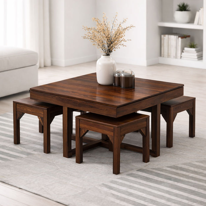 Coffee Table With 4 Stools | Walnut Finish