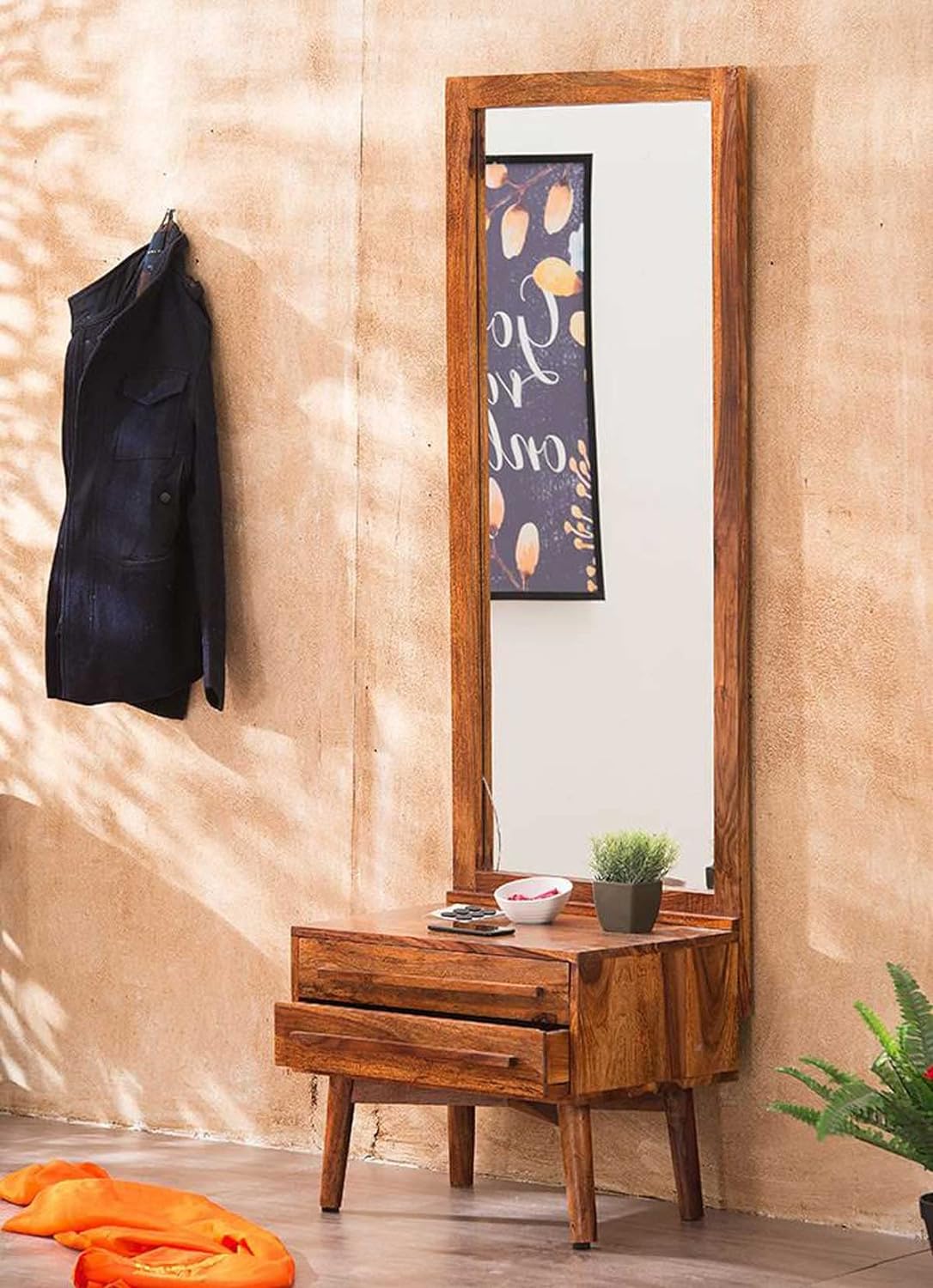 Wood Dressing Table with Mirror Wooden Makeup Vanity Table with 2 Drawer Storage Furniture for Bedroom Living Room Home