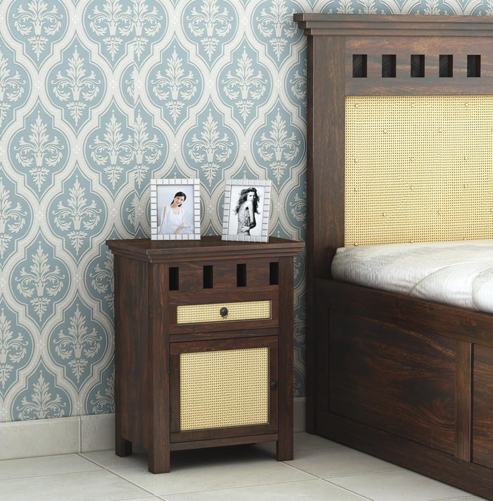 Wood Bedside End Table with 1 Drawer | Kuber Walnut Finish - Cane