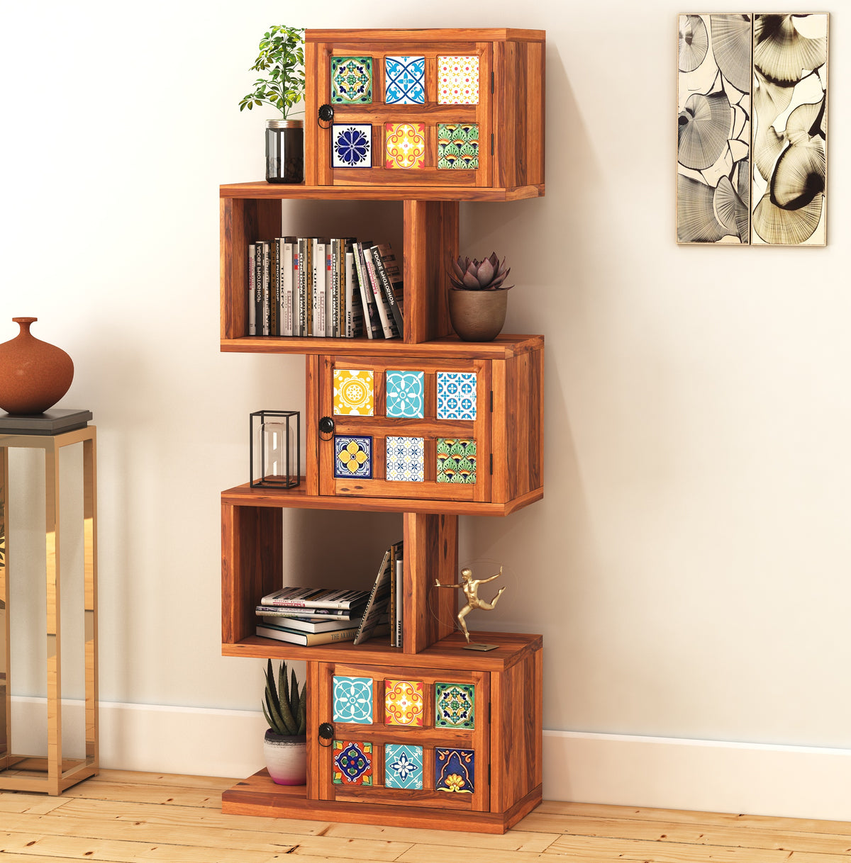 Sheesham Wood 5-Layer Ladder Bookshelf | Zig-Zag Design with 2 Open Shelves & 3 Multicolor Door Storage Bookrack | Display Cabinet Floor Standing Bookcase for Home Library