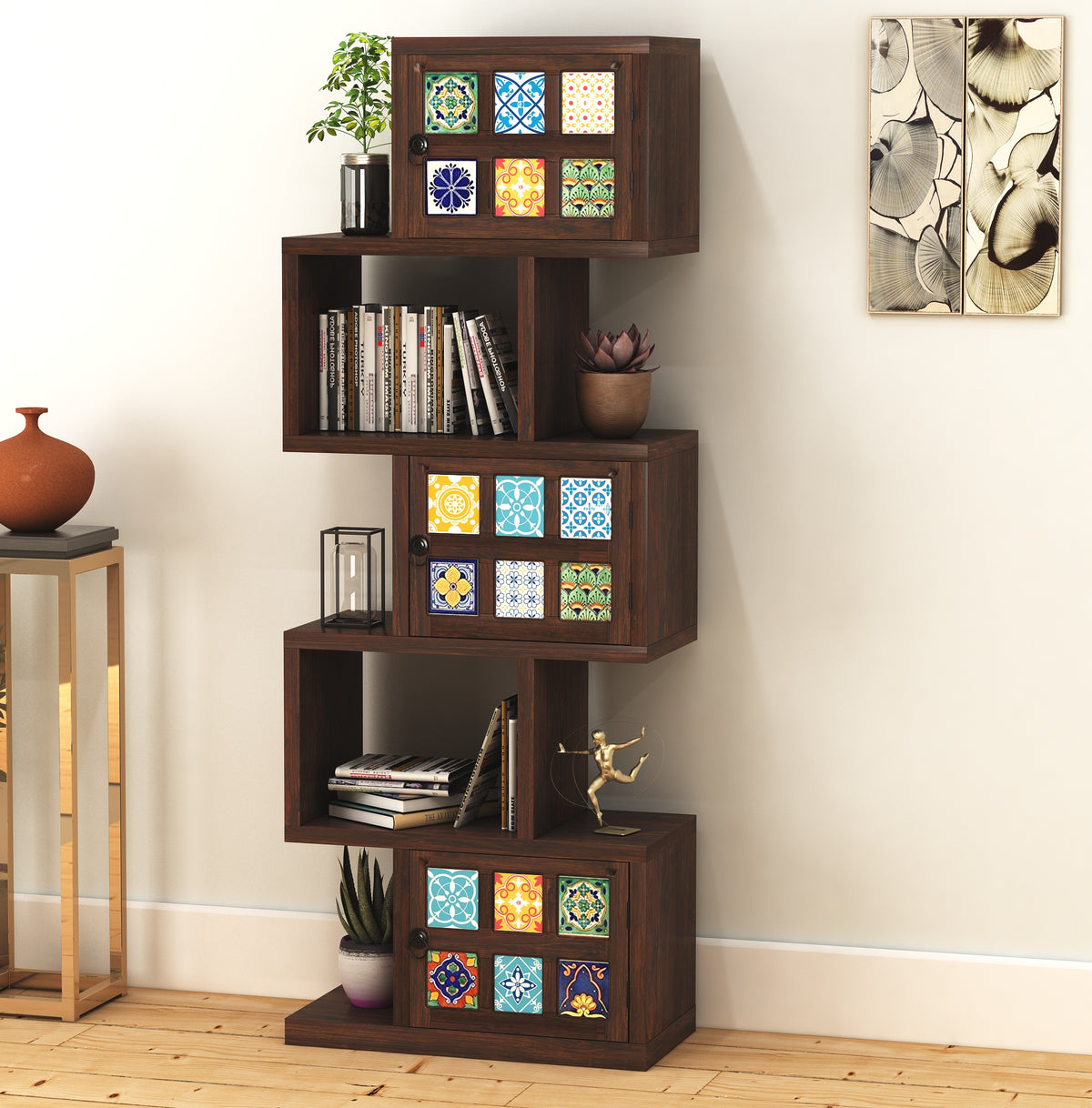 Sheesham Wood 5-Layer Ladder Bookshelf | Zig-Zag Design with 2 Open Shelves & 3 Multicolor Door Storage Bookrack | Display Cabinet Floor Standing Bookcase for Home Library