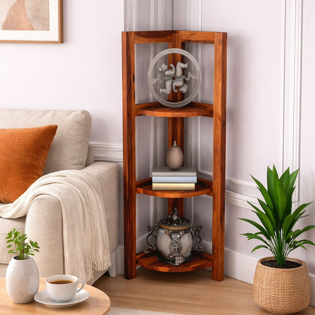 3 Tier Corner Shelf & Bookshelf - Honey Finish