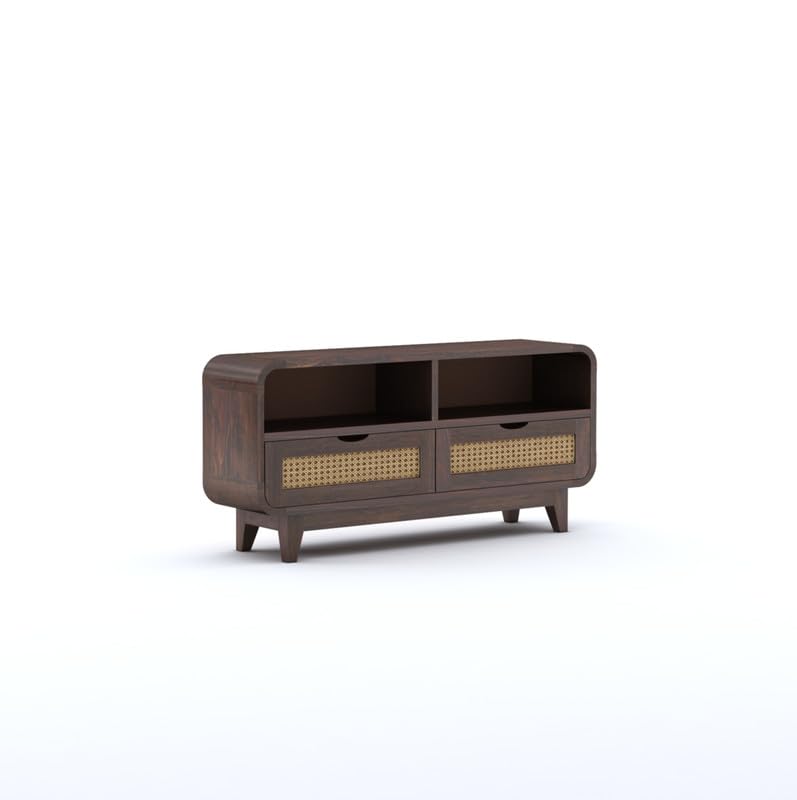 Sheesham Wood TV Cabinet Stand with 2 Cane Drawers and 2 Shelves Storage | Multipurpose Wooden Television Entertainment Unit for Living Room, Bedroom, Office, Home Furniture