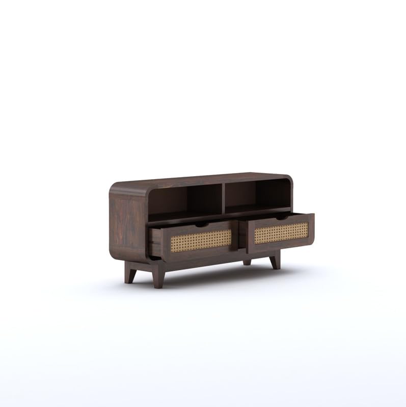 Sheesham Wood TV Cabinet Stand with 2 Cane Drawers and 2 Shelves Storage | Multipurpose Wooden Television Entertainment Unit for Living Room, Bedroom, Office, Home Furniture