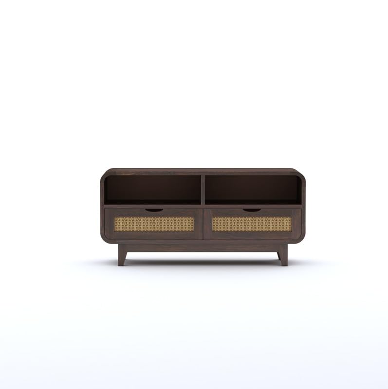 Sheesham Wood TV Cabinet Stand with 2 Cane Drawers and 2 Shelves Storage | Multipurpose Wooden Television Entertainment Unit for Living Room, Bedroom, Office, Home Furniture