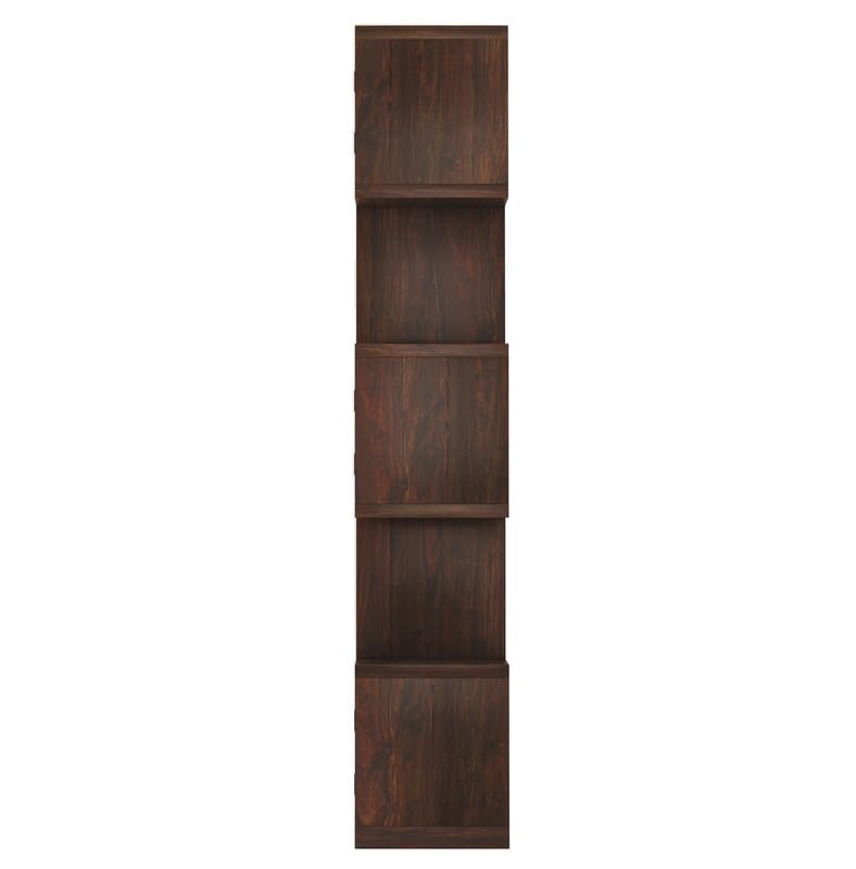 Sheesham Wood 5-Layer Ladder Bookshelf | Zig-Zag Design with 2 Open Shelves & 3 Rattan Wicker Door Storage Bookrack | Display Cabinet Floor Standing Bookcase for Library