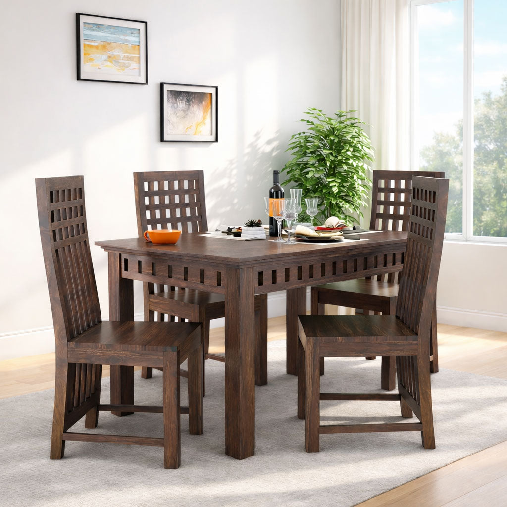 4 Seater Dining Table With Chairs | Walnut Finish