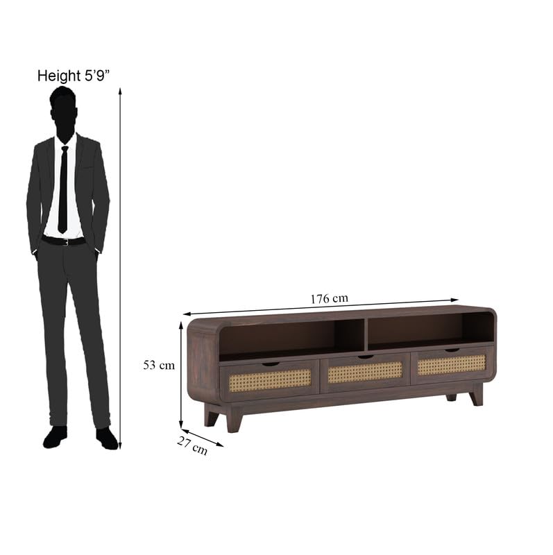 Sheesham Wood TV Cabinet Stand With 3 Cane Drawers And 2 Shelves - Walnut Finish