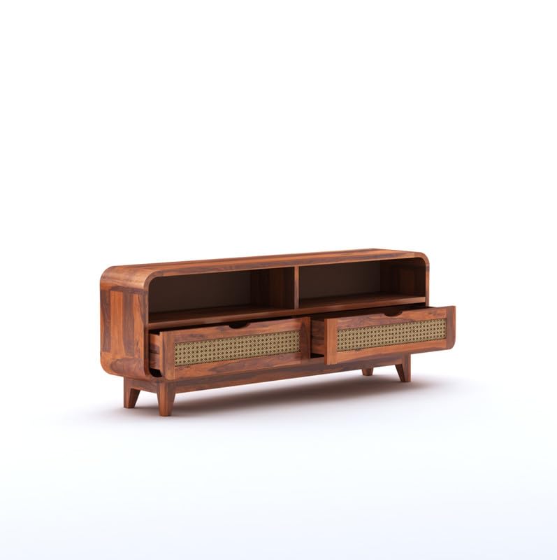 Sheesham Wood TV Cabinet Stand with 2 Cane Drawers and 2 Shelves | Multipurpose Wooden TV Entertainment Unit with Storage for Living Room, Bedroom, Office and Home Furniture