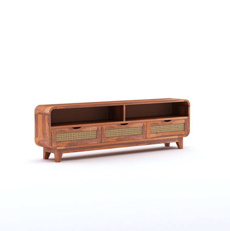 Sheesham Wood TV Cabinet Stand With 3 Cane Drawers And 2 Shelves - Honey Finish