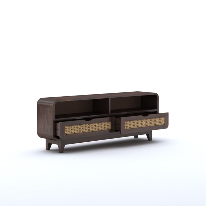 Sheesham Wood TV Cabinet Stand with 2 Cane Drawers and 2 Shelves | Multipurpose Wooden TV Entertainment Unit with Storage for Living Room, Bedroom, Office and Home Furniture