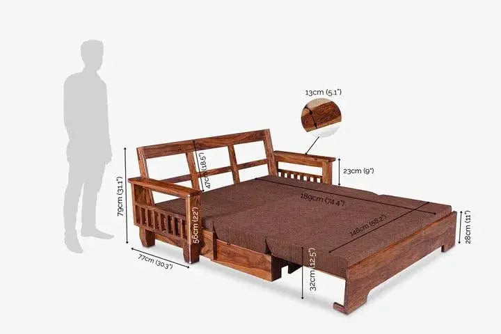 Wooden 3 Seater Sofa Cum Bed | Honey Finish