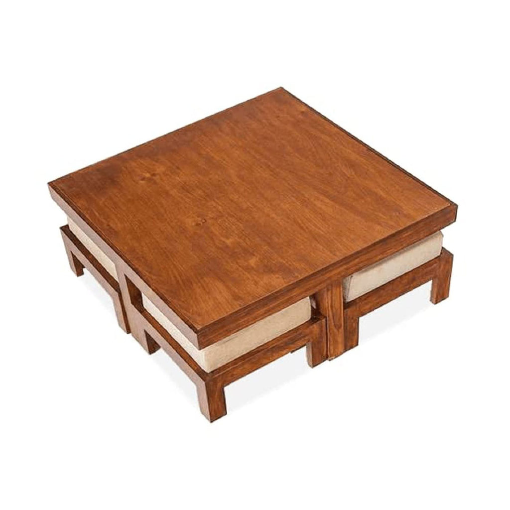 Sheesham Wood Coffee Table with 4 Cushion Stool Wooden Centre Table Teapoy Tea Table Furniture for Bedroom Living Room Home Office