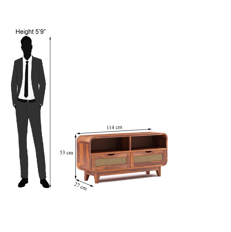 Sheesham Wood TV Cabinet Stand With 2 Cane Drawer and 2 Shelves | Multipurpose Wooden Television Entertainment Unit With Storage for Living Room, Bedroom, Office, Home Furniture