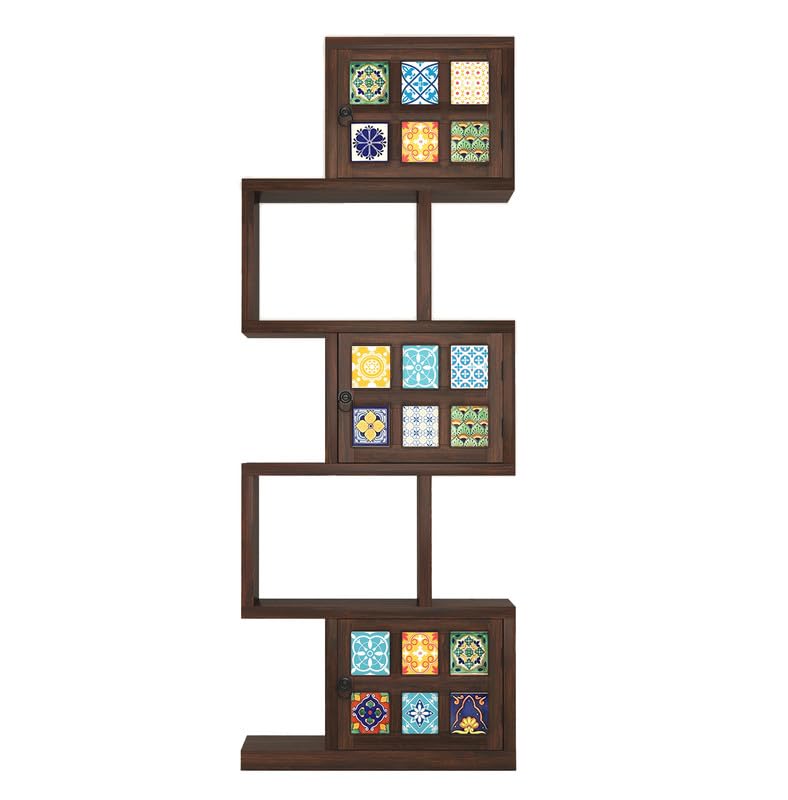 Sheesham Wood 5-Layer Ladder Bookshelf | Zig-Zag Design with 2 Open Shelves & 3 Multicolor Door Storage Bookrack | Display Cabinet Floor Standing Bookcase for Home Library