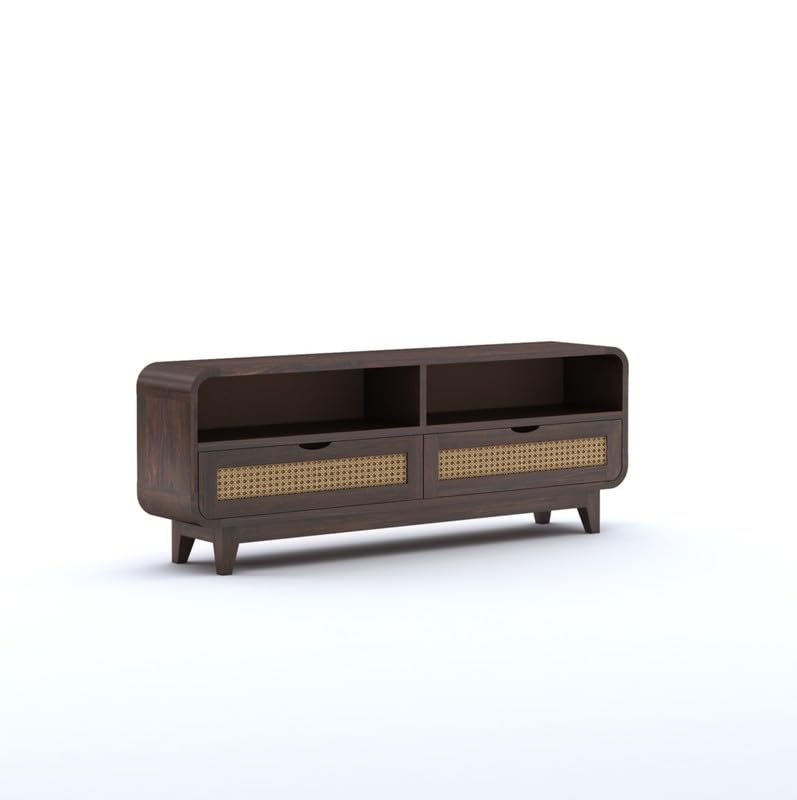 Sheesham Wood TV Cabinet Stand with 2 Cane Drawers and 2 Shelves | Multipurpose Wooden TV Entertainment Unit with Storage for Living Room, Bedroom, Office and Home Furniture