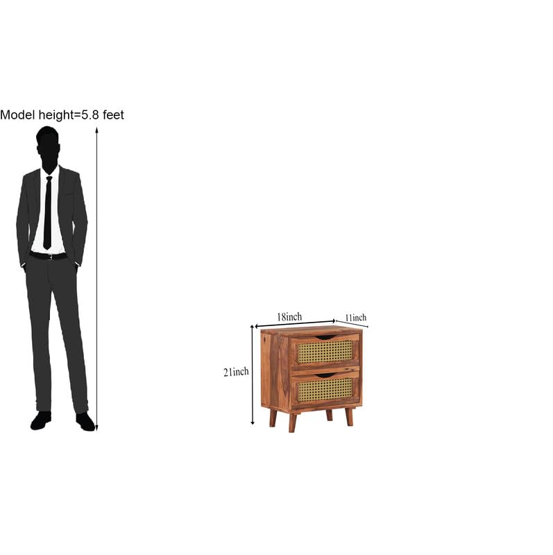 Sheesham Wood Cane Bedside End Table | Wooden Decorative Side Tables With 2 Drawers Storage | Honey Finish