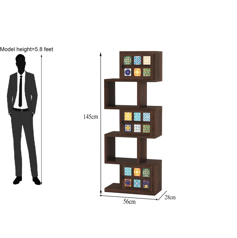 Solid Sheesham Wood 5-Layer Ladder Bookshelf | Zig-Zag Design With 2 Open Shelves | Walnut Finish