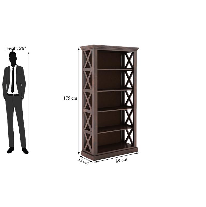 Solid Sheesham Wood Bookshelf With Open Shelf Storage - Walnut Finish