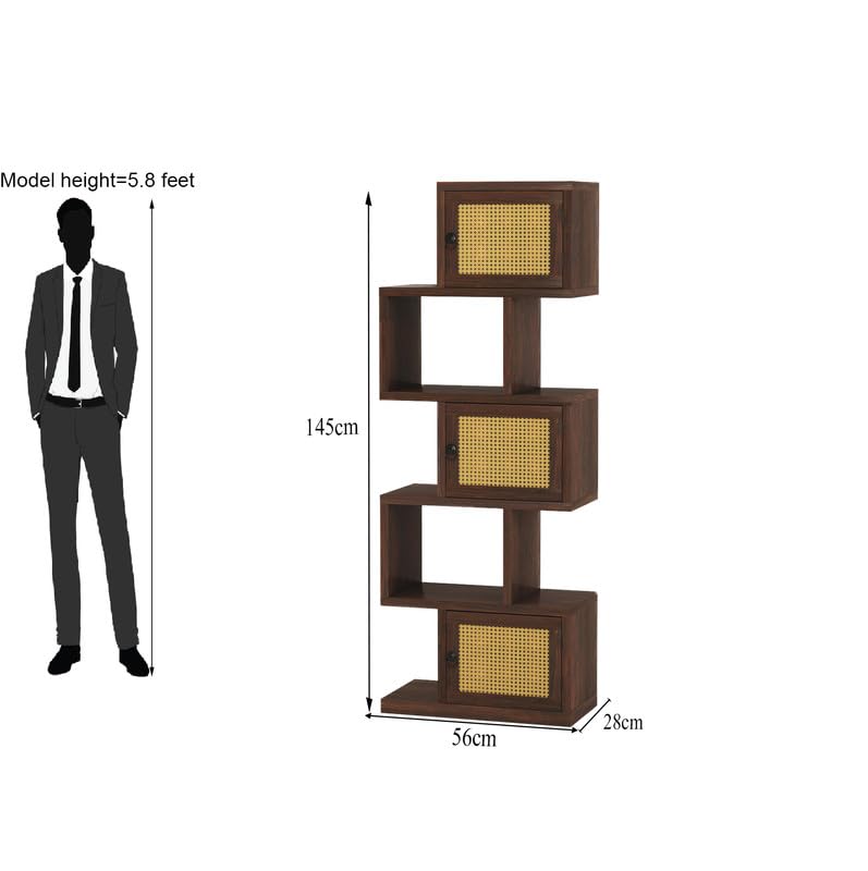 Wood 5-Layer Ladder Bookshelf | Zig-Zag Design with 2 Open Shelves & 3 Rattan Wicker Door Storage Bookrack | Walnut Finish