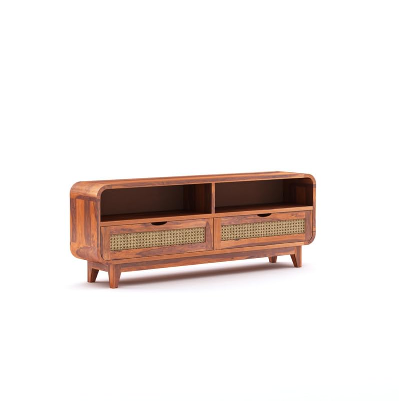Sheesham Wood TV Cabinet Stand with 2 Cane Drawers and 2 Shelves | Multipurpose Wooden TV Entertainment Unit with Storage for Living Room, Bedroom, Office and Home Furniture