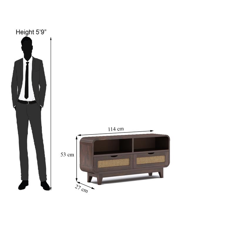 Sheesham Wood TV Cabinet Stand with 2 Cane Drawers and 2 Shelves Storage | Multipurpose Wooden Television Entertainment Unit for Living Room, Bedroom, Office, Home Furniture