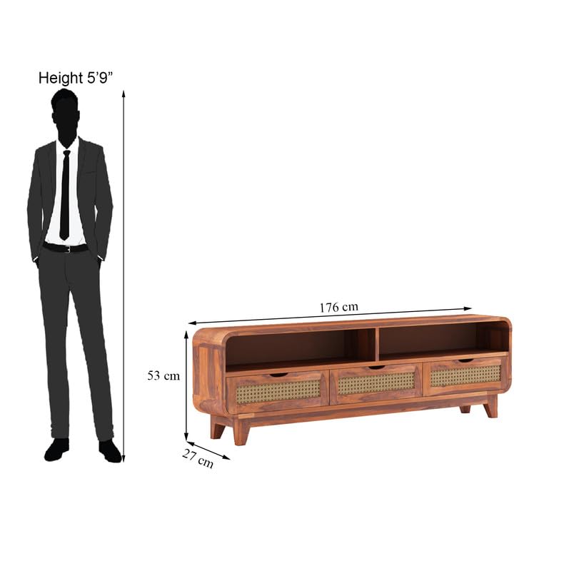 Sheesham Wood TV Cabinet Stand With 3 Cane Drawers And 2 Shelves - Honey Finish