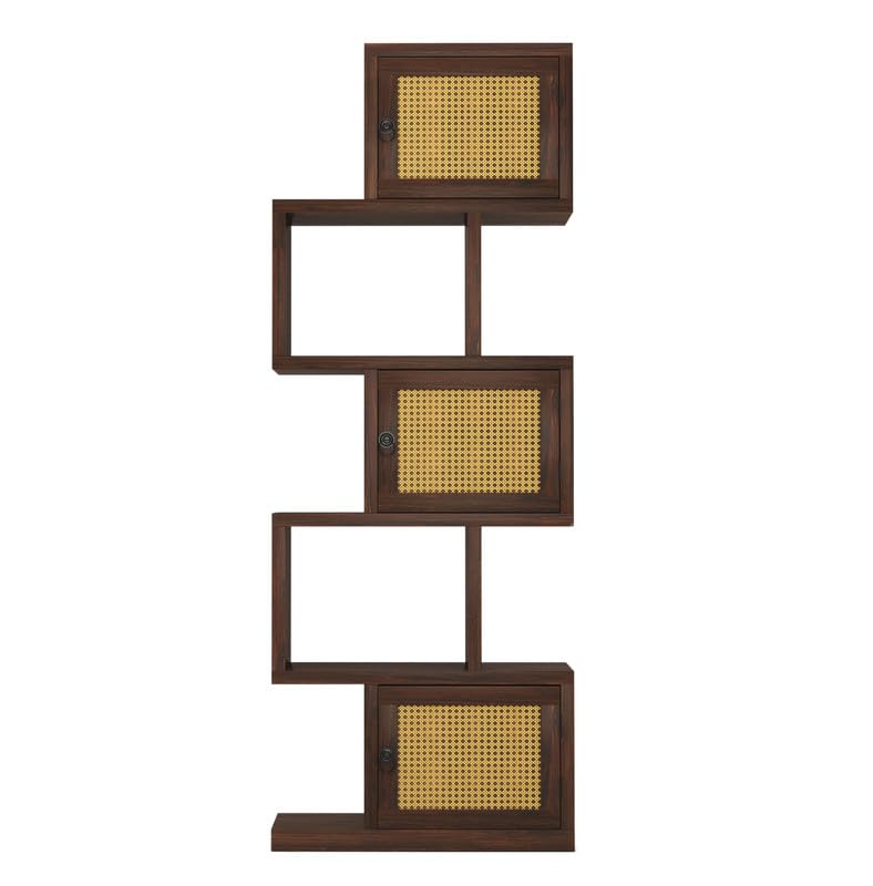 Wood 5-Layer Ladder Bookshelf | Zig-Zag Design with 2 Open Shelves & 3 Rattan Wicker Door Storage Bookrack | Walnut Finish