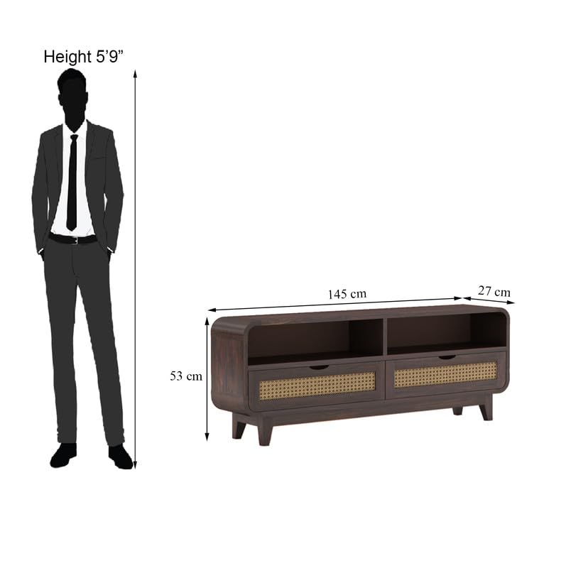 Sheesham Wood TV Cabinet Stand With 2 Cane Drawer and 2 Shelves - Walnut Finish - 145cm