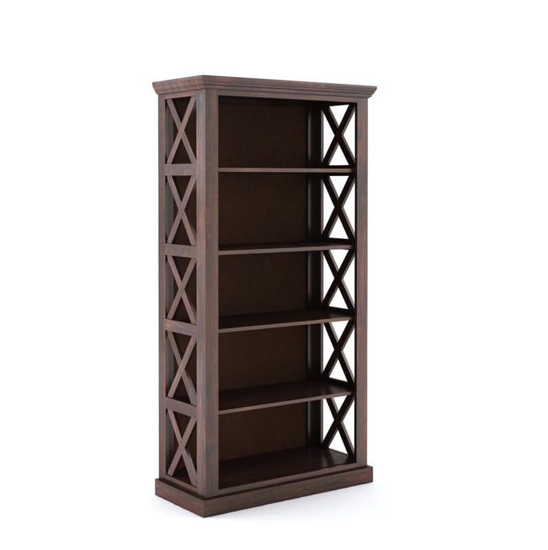 Solid Sheesham Wood Bookshelf With Open Shelf Storage - Walnut Finish