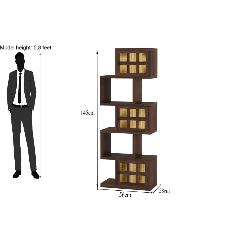 Solid Sheesham Wood 5-Layer Ladder Bookshelf With Zig-Zag Design with 2 Open Shelves & 3 Rattan Wicker Door Storage | Walnut Finish