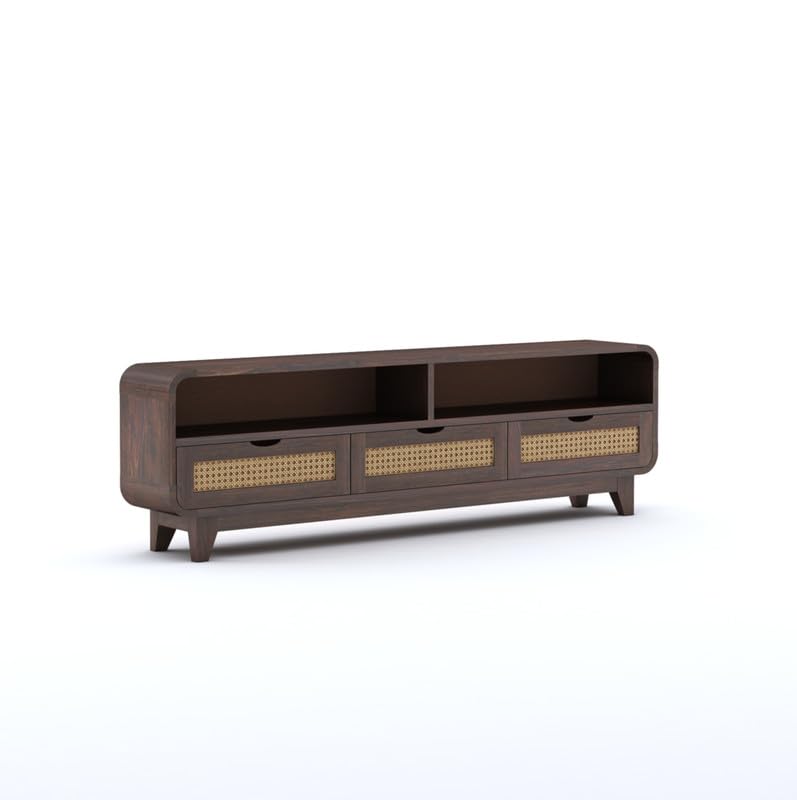 Sheesham Wood TV Cabinet Stand With 3 Cane Drawers And 2 Shelves - Walnut Finish