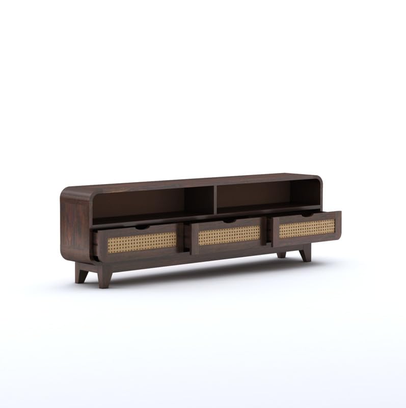 Sheesham Wood TV Cabinet Stand With 3 Cane Drawers And 2 Shelves - Walnut Finish