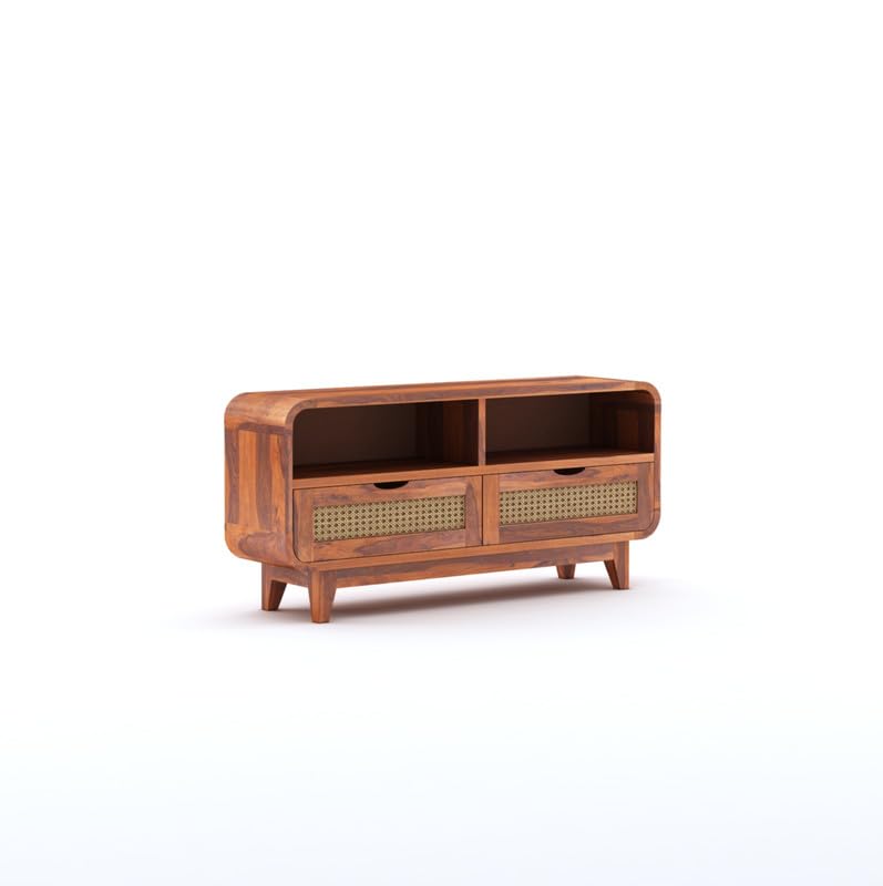 Sheesham Wood TV Cabinet Stand With 2 Cane Drawer and 2 Shelves - Honey Finish