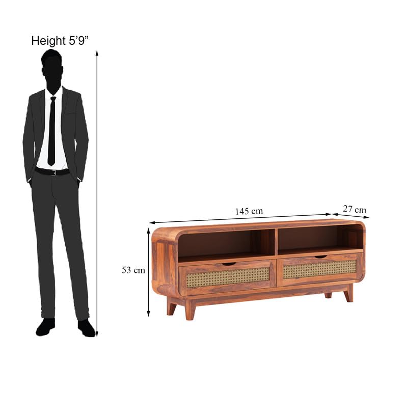 Sheesham Wood TV Cabinet Stand with 2 Cane Drawers and 2 Shelves | Multipurpose Wooden TV Entertainment Unit with Storage for Living Room, Bedroom, Office and Home Furniture