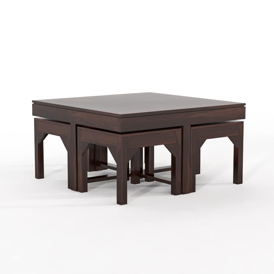 Sheesham Wood Coffee Table with 4 Stools for Living Room Wooden Teapoy Tea Tables Furniture for Hotels Home Office